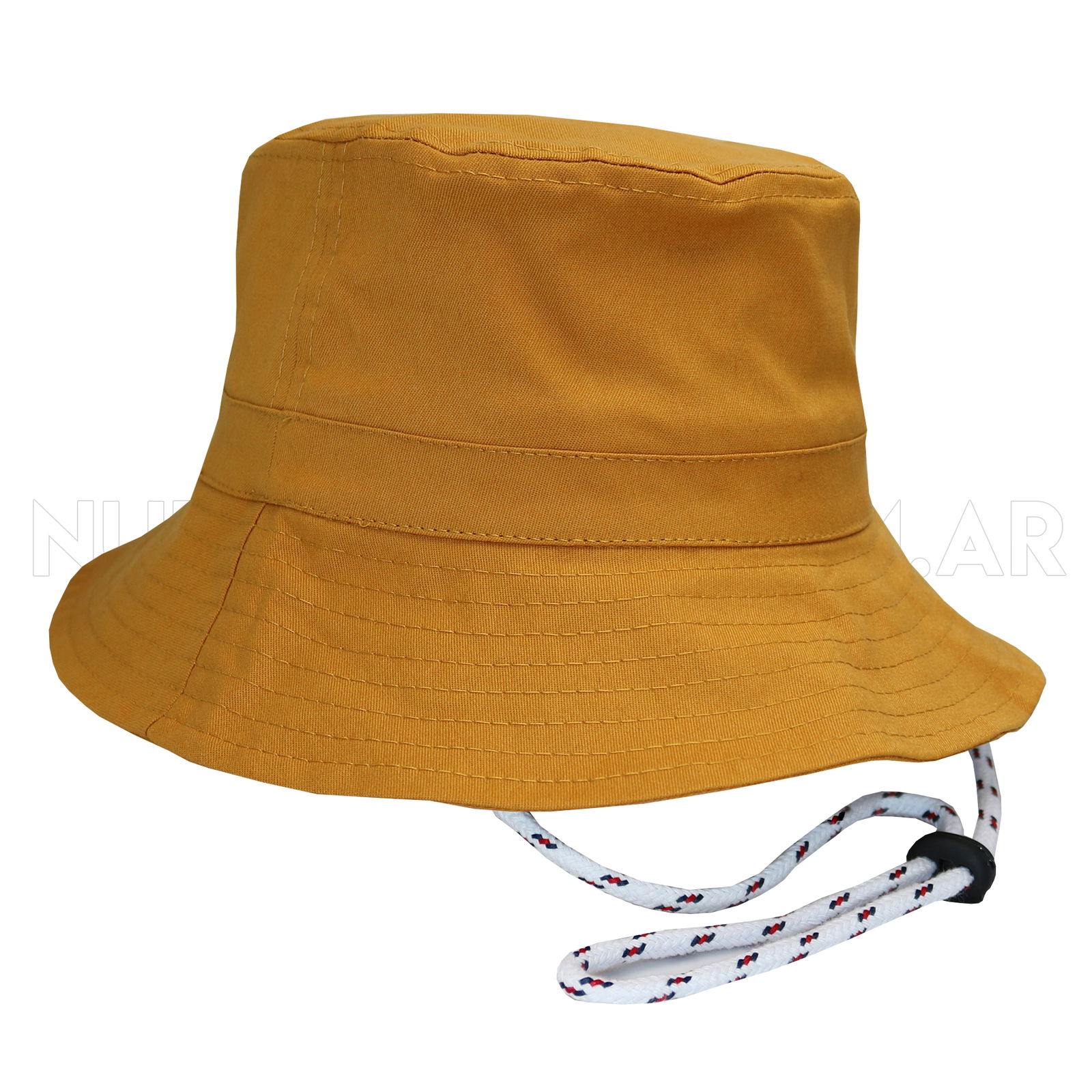 Bucket hat con cordón en gabardina mostaza.