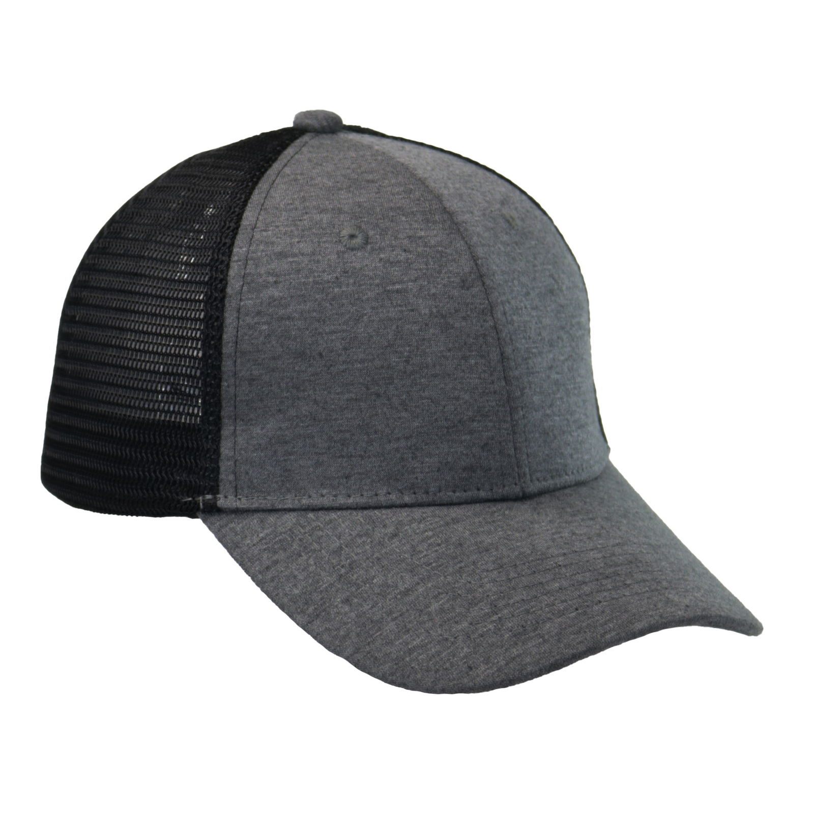 Gorra trucker visera curva 6 paneles melange gris.